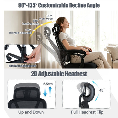 Ergonomic Office Computer Mesh Chair with High Back and Adaptive Lumbar Support-Black