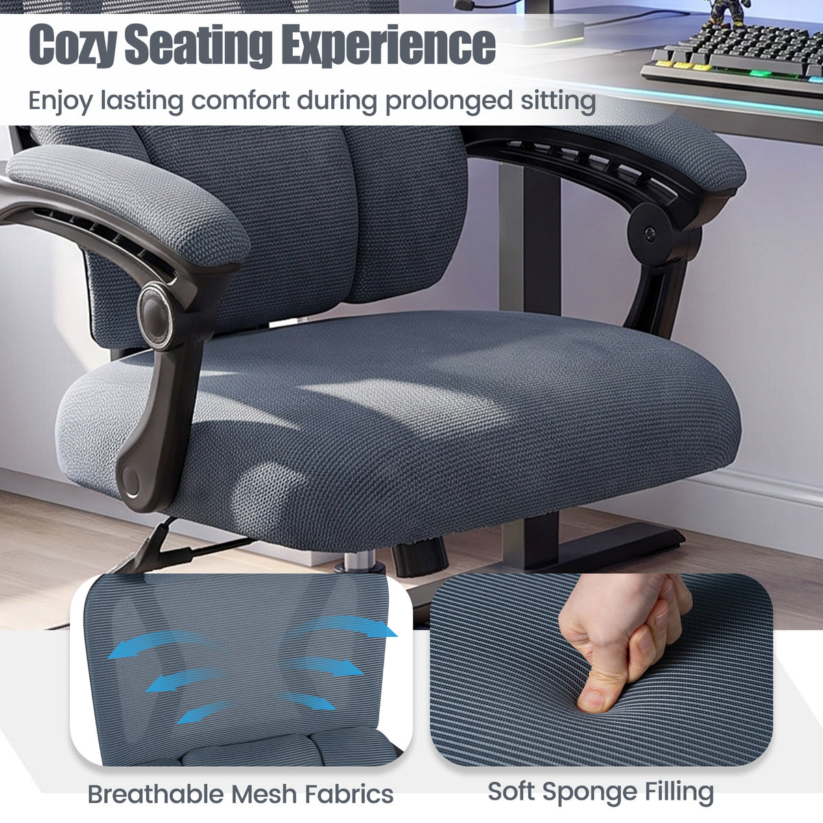 Ergonomic Office Computer Mesh Chair with High Back and Adaptive Lumbar Support-Grey