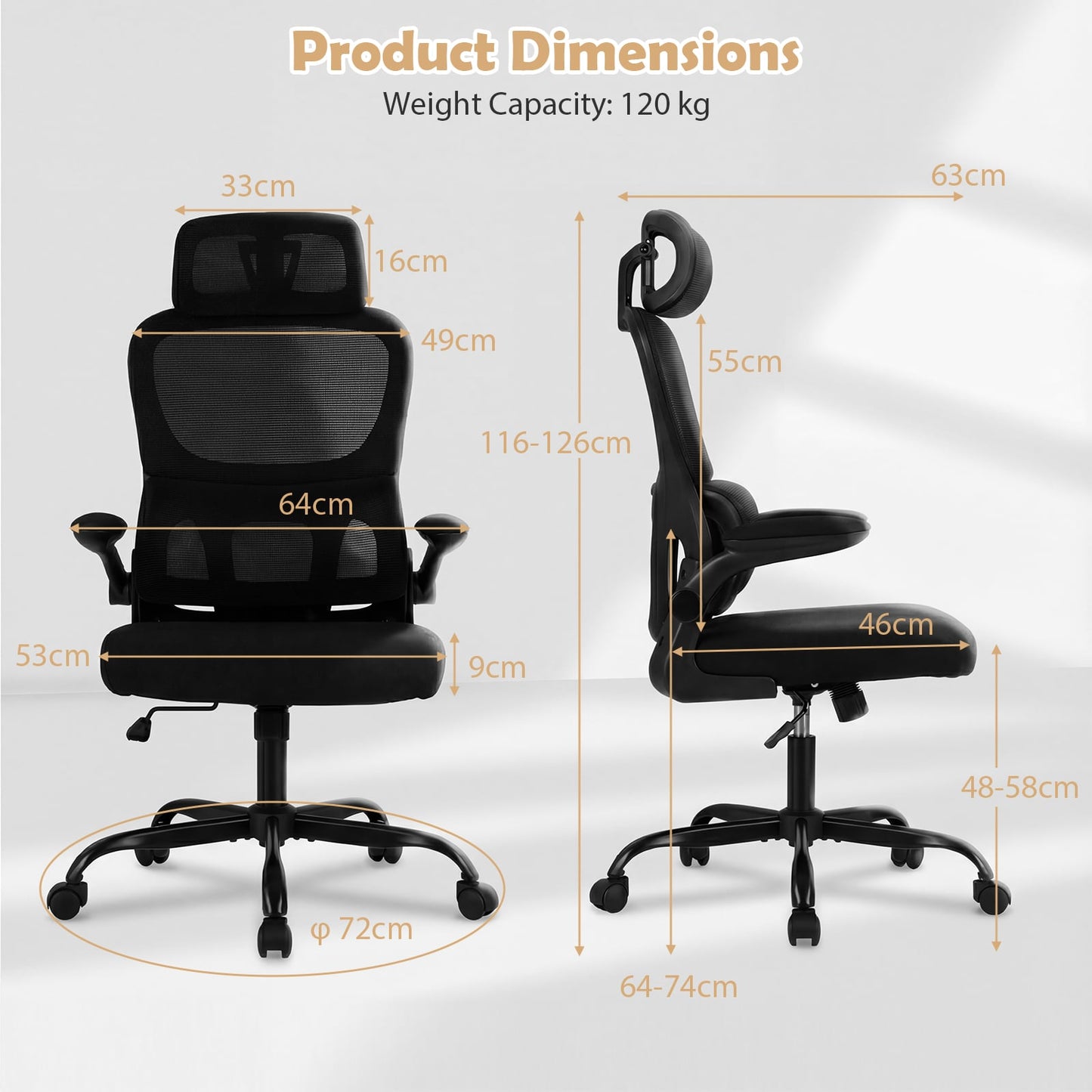 Ergonomic Office High Back Mesh with Lumber Support Adjustable Headrest-Black