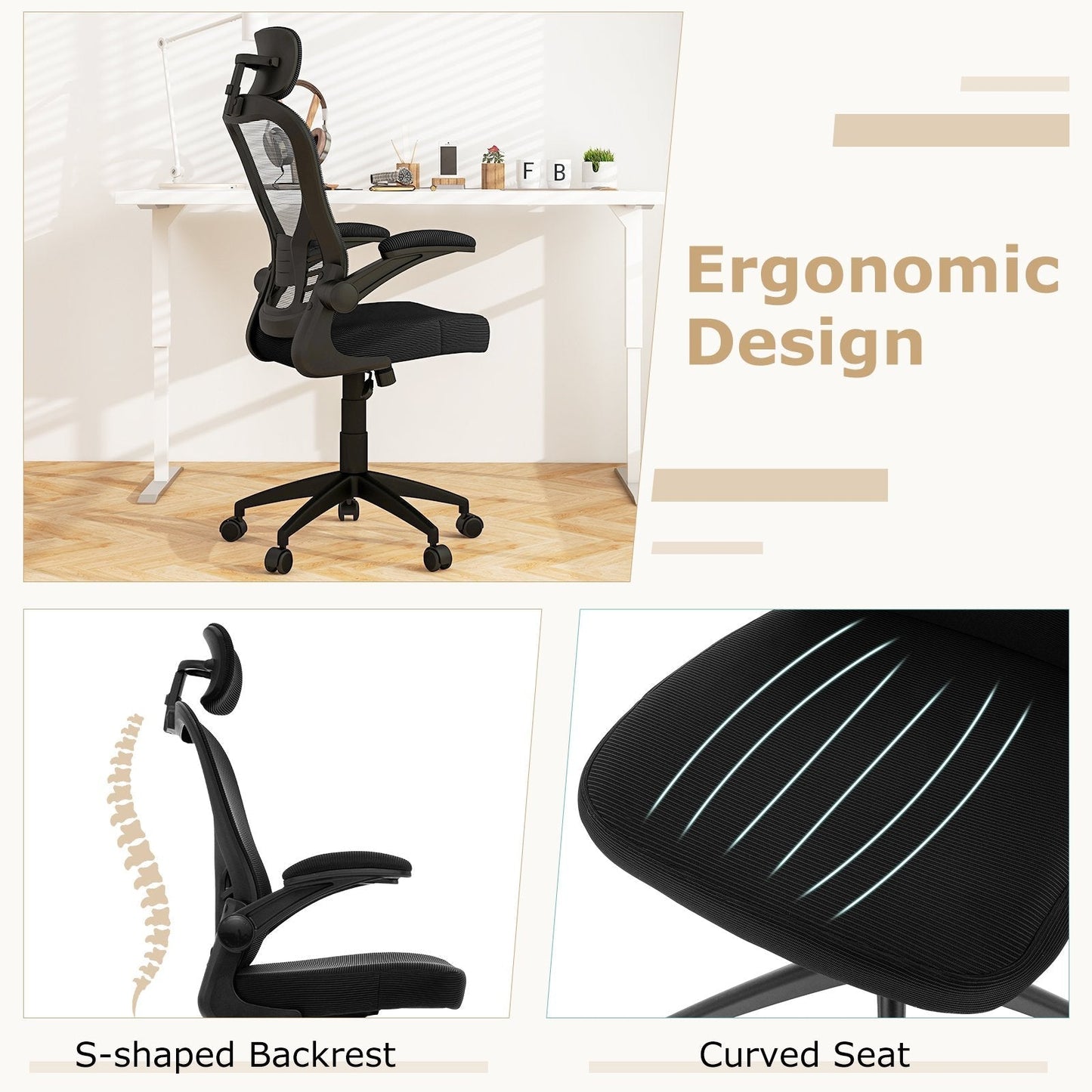 Ergonomic Mesh Office Chair with Adjustable Headrest and Height-Black