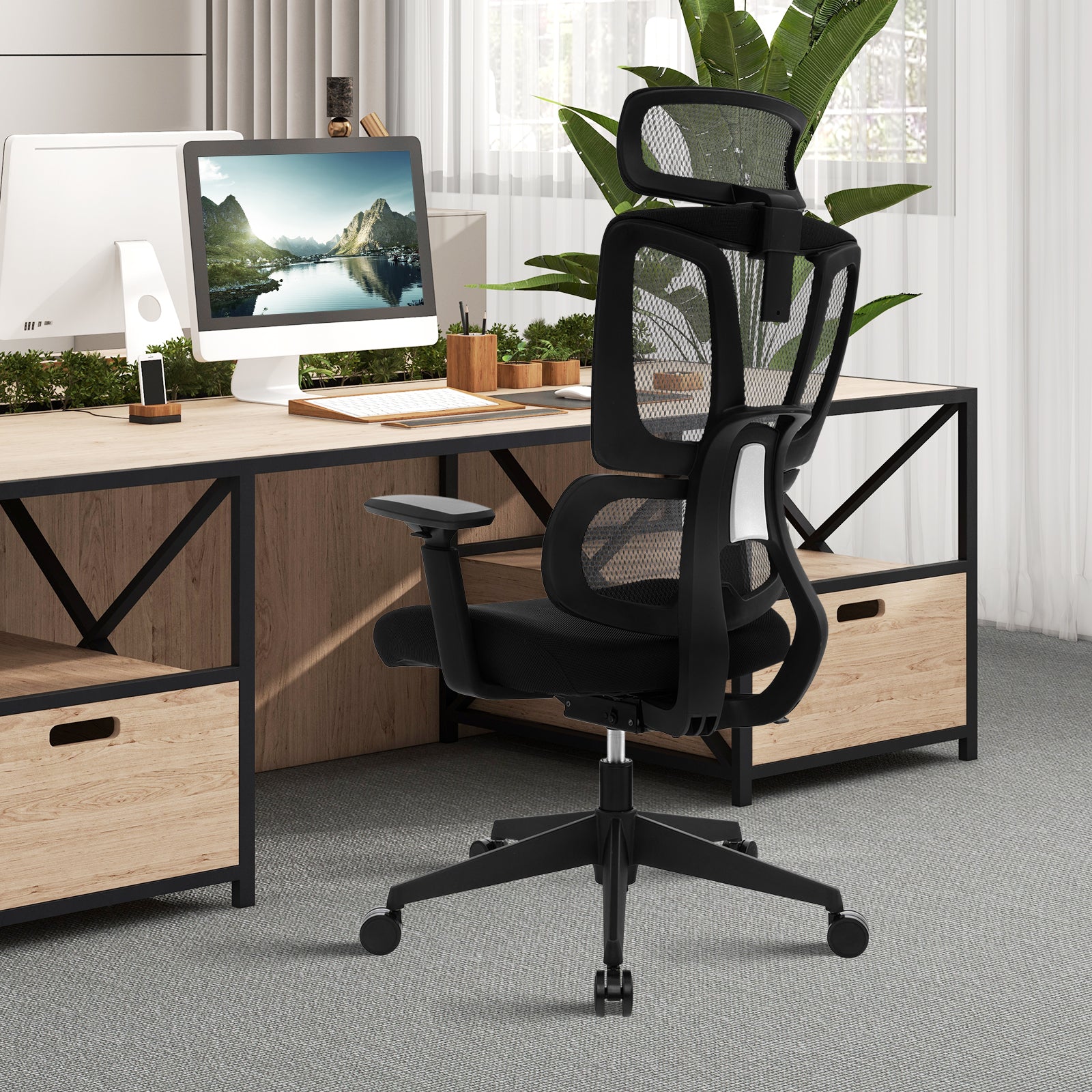 Ergonomic Mesh Office Chair with N Type Lumbar Support-Black