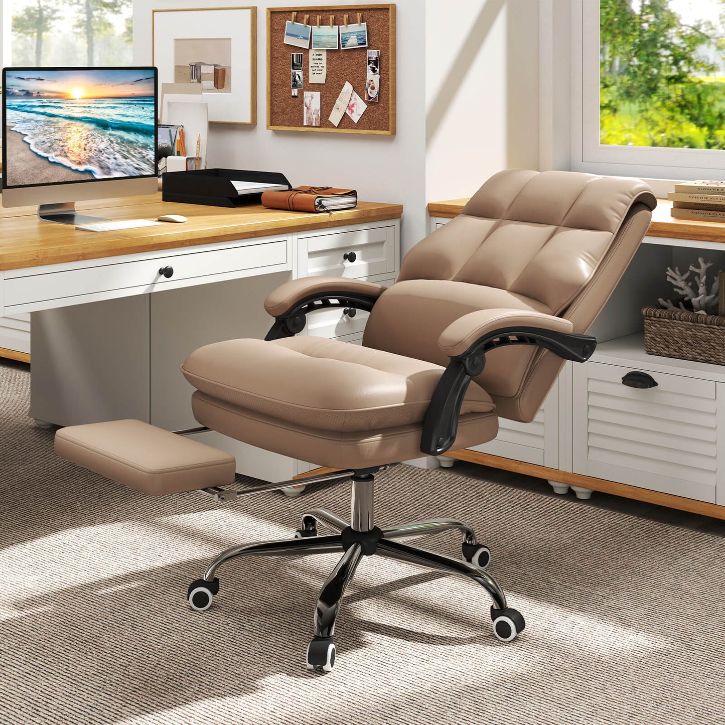 Ergonomic Office Chair PU Leather Adjustable Swivel with Reclining Backrest-Coffee