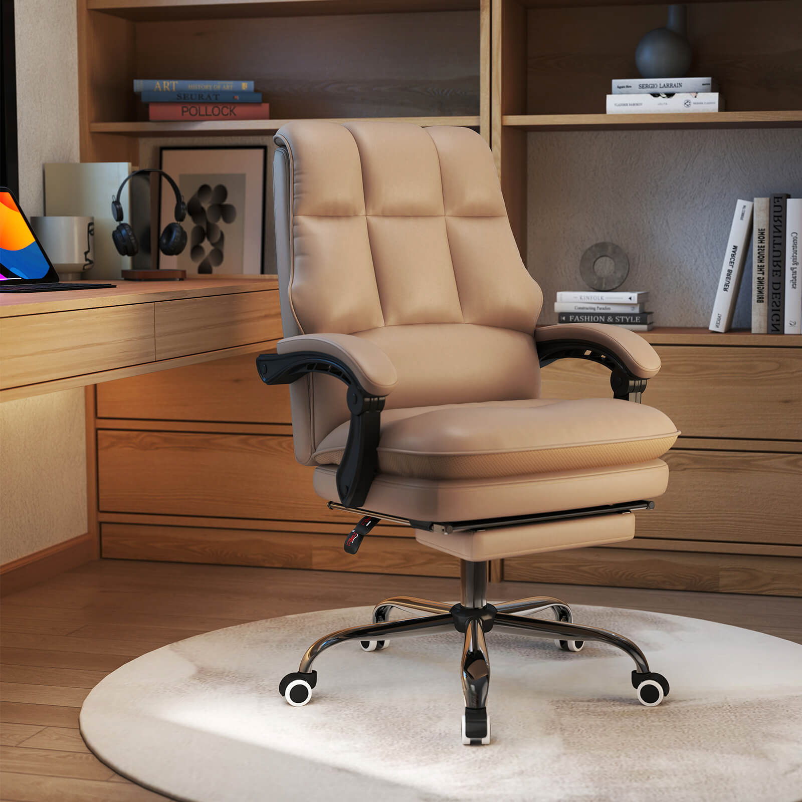 Ergonomic Office Chair PU Leather Adjustable Swivel with Reclining Backrest-Coffee