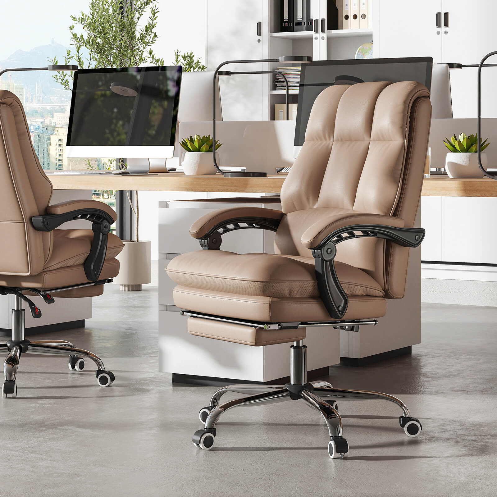 Ergonomic Office Chair PU Leather Adjustable Swivel with Reclining Backrest-Coffee