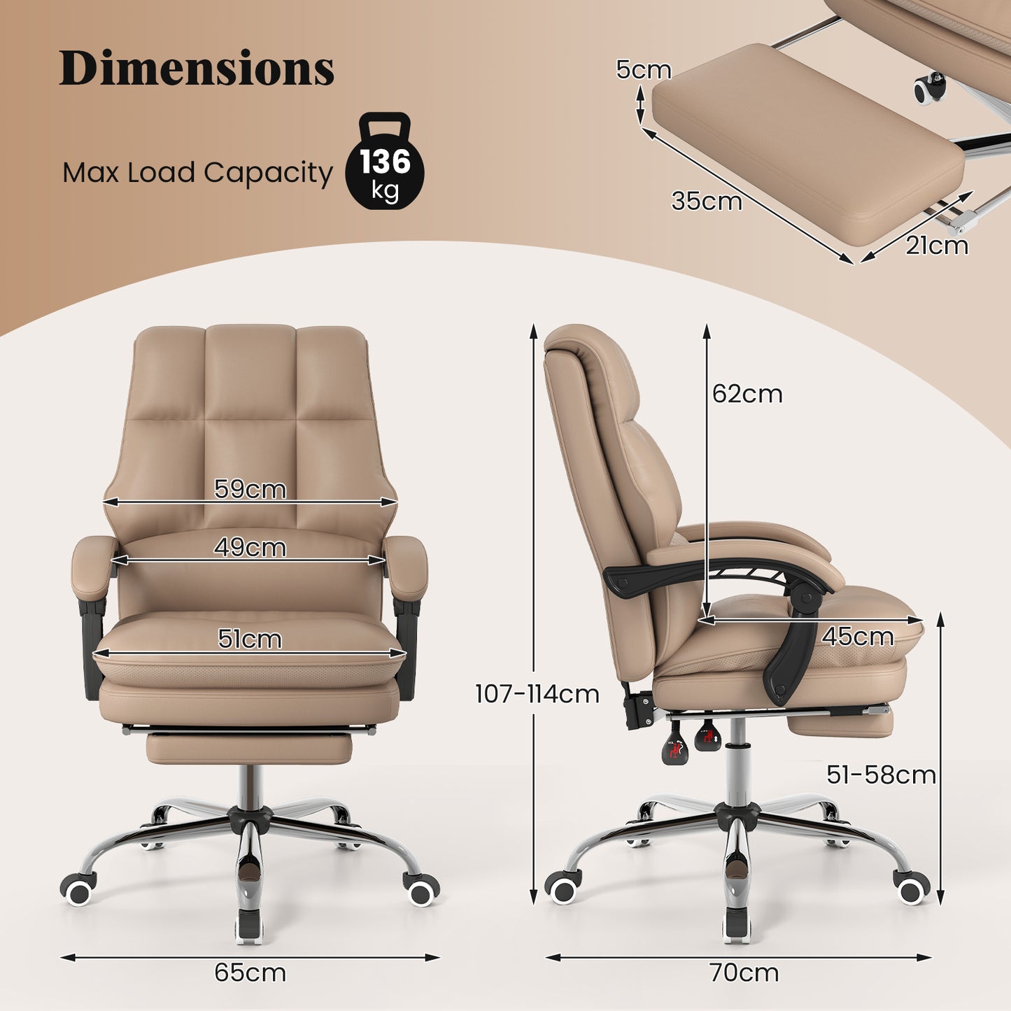 Ergonomic Office Chair PU Leather Adjustable Swivel with Reclining Backrest-Coffee