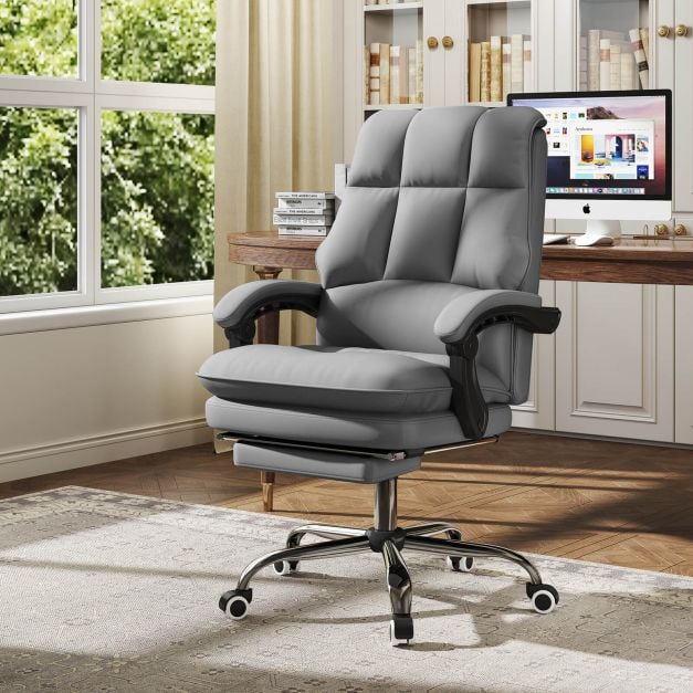 Ergonomic Office Chair PU Leather Adjustable Swivel with Reclining Backrest-Grey