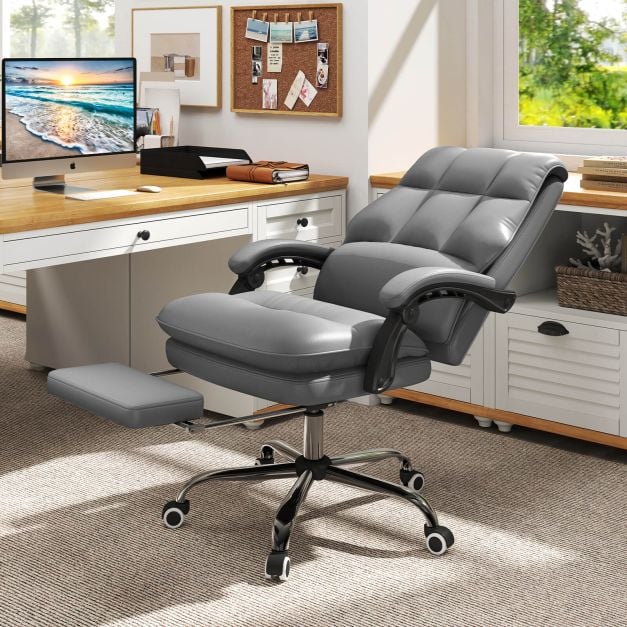 Ergonomic Office Chair PU Leather Adjustable Swivel with Reclining Backrest-Grey