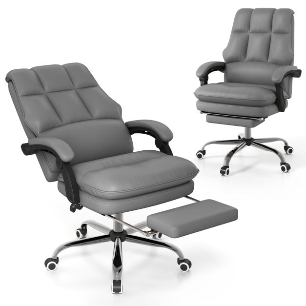 Ergonomic Office Chair PU Leather Adjustable Swivel with Reclining Backrest-Grey
