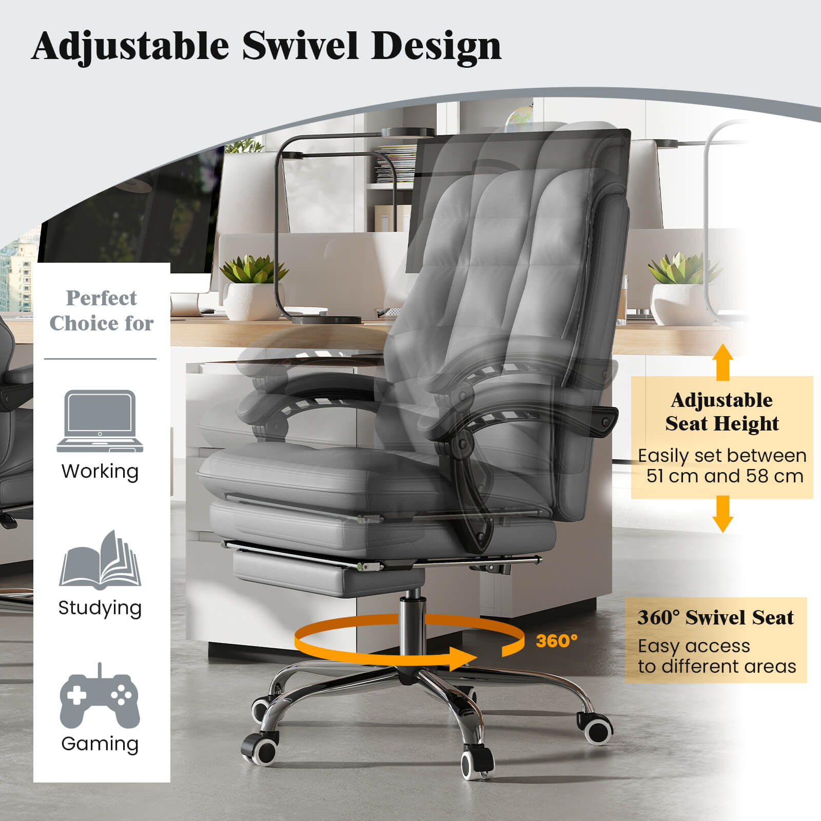 Ergonomic Office Chair PU Leather Adjustable Swivel with Reclining Backrest-Grey