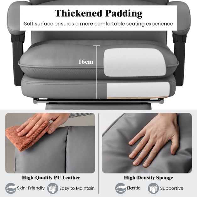 Ergonomic Office Chair PU Leather Adjustable Swivel with Reclining Backrest-Grey