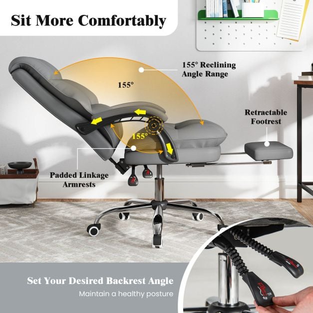 Ergonomic Office Chair PU Leather Adjustable Swivel with Reclining Backrest-Grey