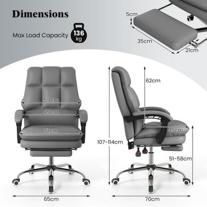 Ergonomic Office Chair PU Leather Adjustable Swivel with Reclining Backrest-Grey
