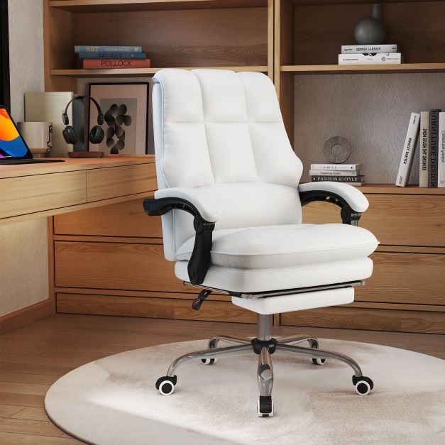 Ergonomic Office Chair PU Leather Adjustable Swivel with Reclining Backrest-White