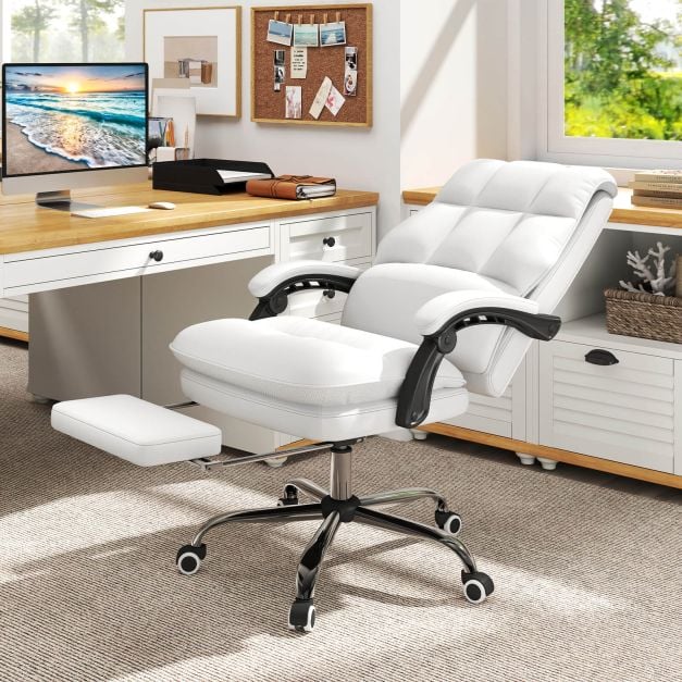 Ergonomic Office Chair PU Leather Adjustable Swivel with Reclining Backrest-White
