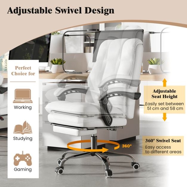 Ergonomic Office Chair PU Leather Adjustable Swivel with Reclining Backrest-White