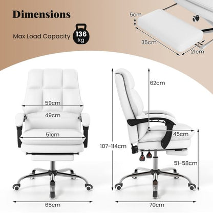 Ergonomic Office Chair PU Leather Adjustable Swivel with Reclining Backrest-White