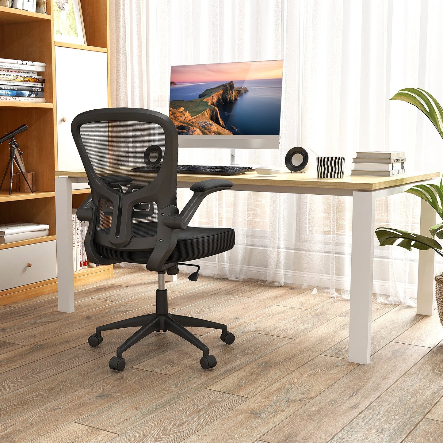 Ergonomiczny fotel biurowy, regulowany, obrotowy, siatkowy fotel roboczy z podnoszonymi podłokietnikami - czarny