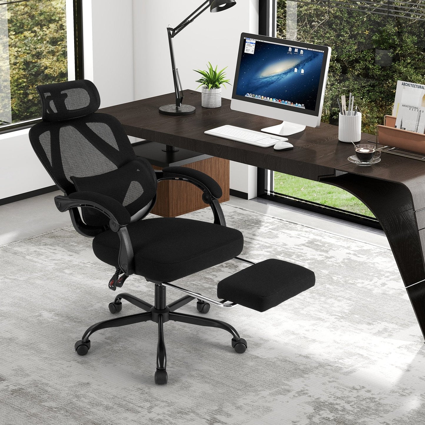Ergonomic Office Chair High Back Mesh Desk Chair with Retractable Footrest-Black