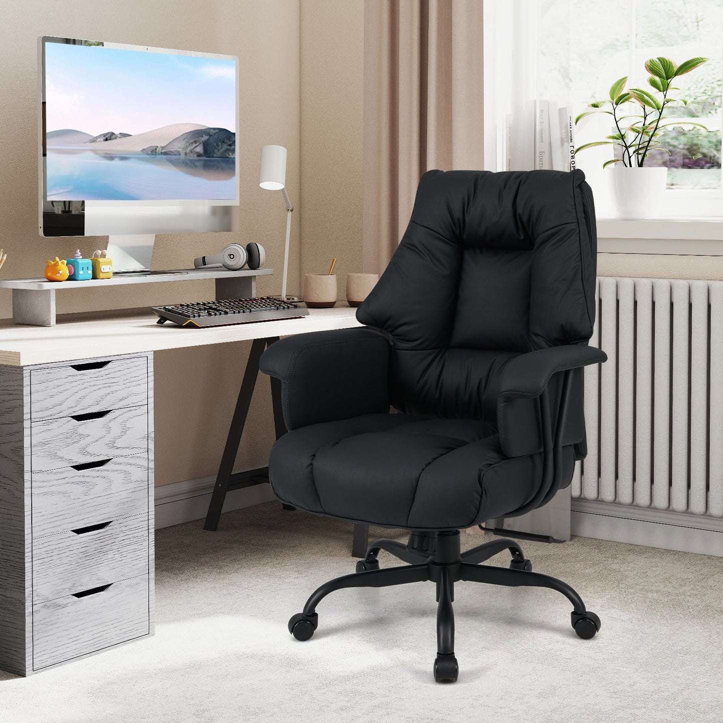 Ergonomic Office Chair with Spring Cushion Seat and Adjustable Swivel Seat-Black