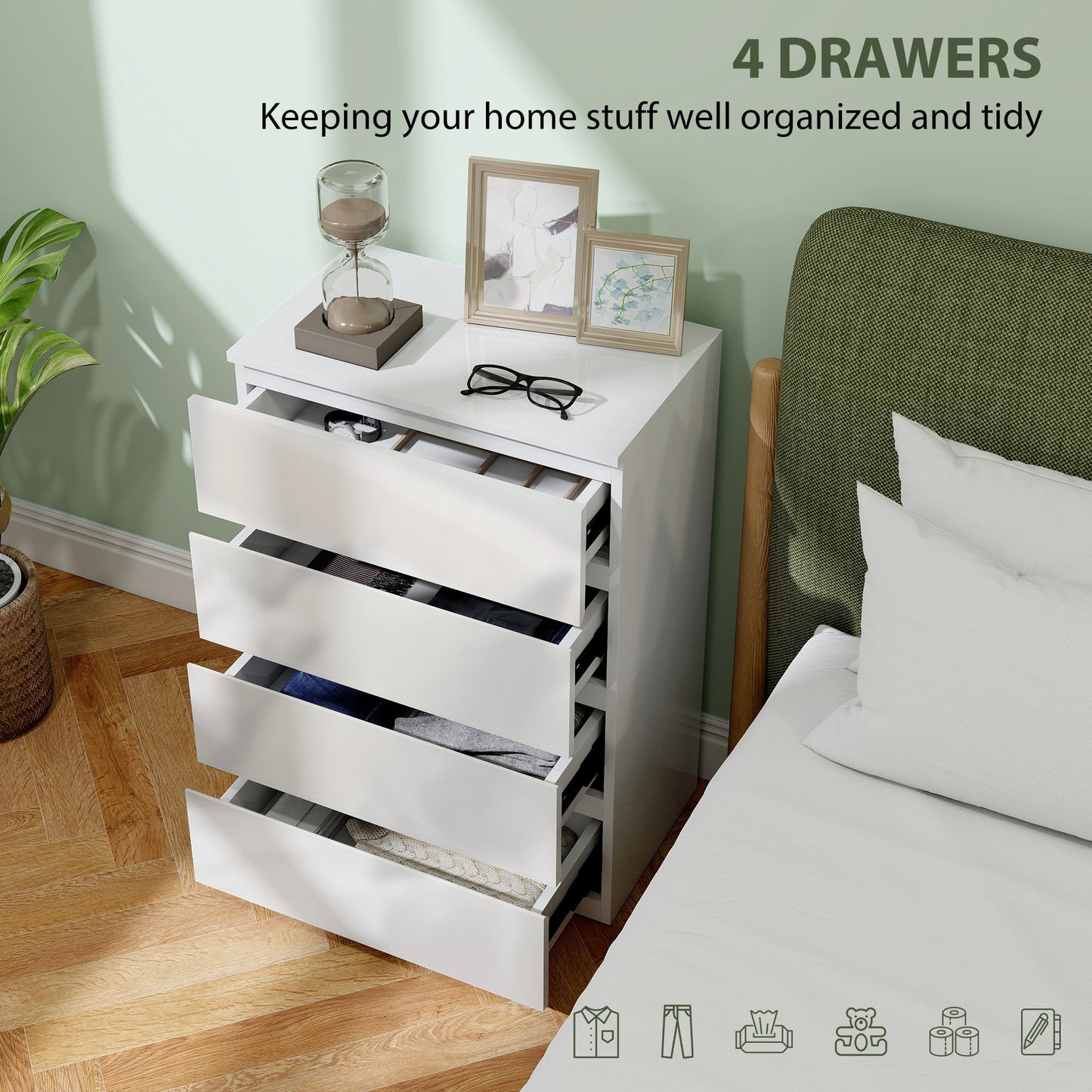 HOMCOM High Gloss Chest of Drawers, 4-Drawer Storage Cabinets, Modern Dresser for Bedroom, White