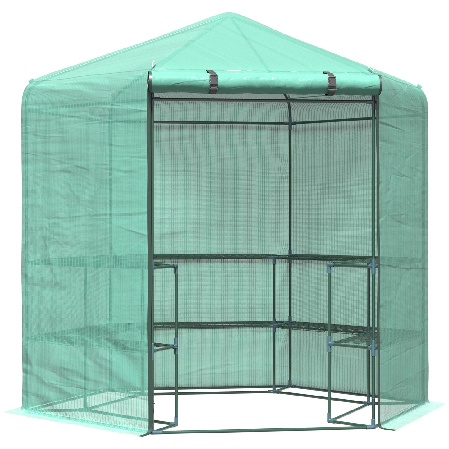 Outsunny Hexagon Walk In Garden Greenhouse PE زارع نمو الزهور مع باب مضغوط 225 × 194 × 215 سم ارتفاع