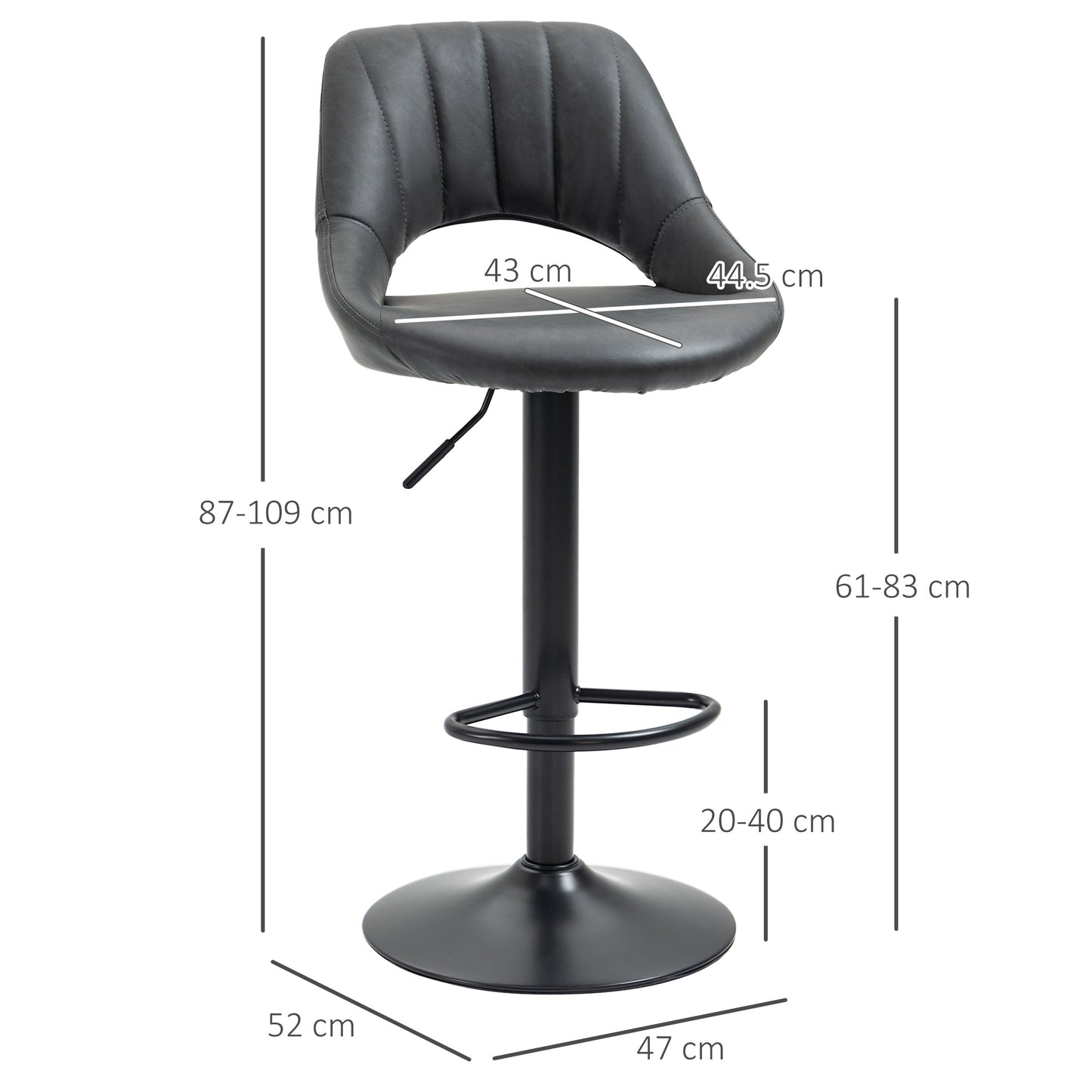 HOMCOM Bar Stools Set of 2, PU Leather Swivel Barstools with Backrest and Footrest for Kitchen, Counter, Breakfast Bar, Grey
