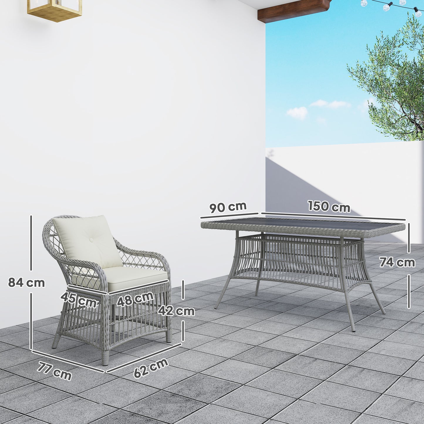 Outsunny Rattan Dining Set with Seat and Back Cushions, 6 Seater Garden Furniture Set with Aluminium Frame, 6 Chairs, WPC Top Rectangle Table, Conservatory Wicker Patio Furniture, Grey
