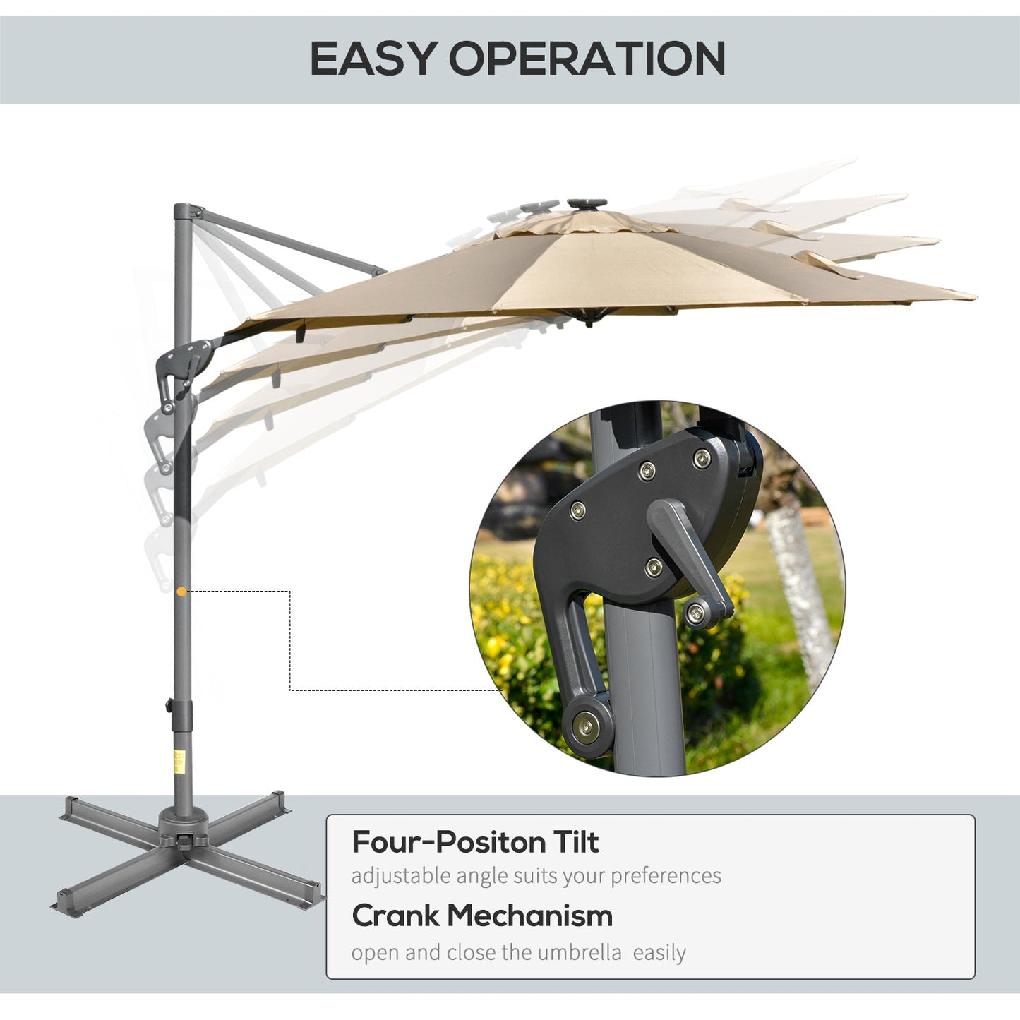 Outsunny 3m Square Outdoor Umbrella Adjustable Garden Sun Umbrella with LED Solar Light Cross Base Rotating Outdoor- Khaki