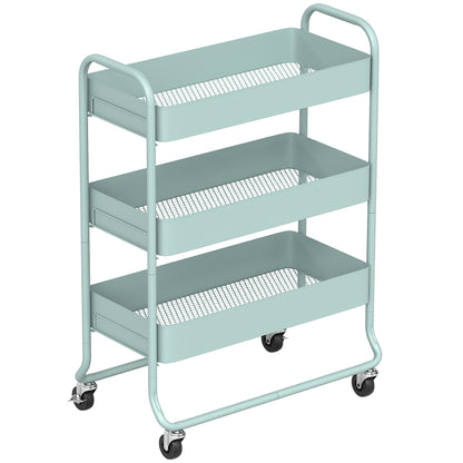 HOMCOM 3-Tier Storage Trolley on Wheels, Rolling Utility Cart with Mesh Backets for Kitchen, Bathroom, Bedroom, Light Green