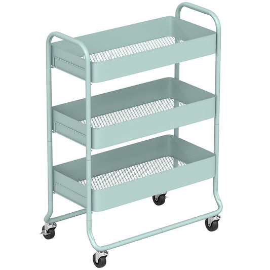 HOMCOM 3-Tier Storage Trolley on Wheels, Rolling Utility Cart with Mesh Backets for Kitchen, Bathroom, Bedroom, Light Green