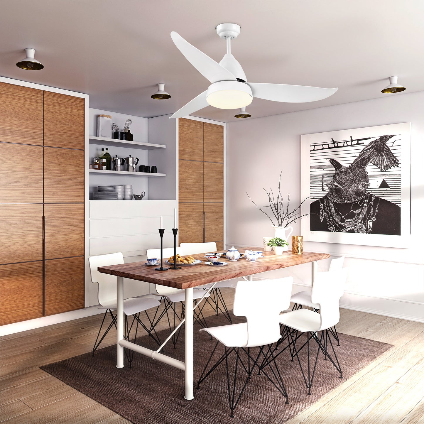 HOMCOM Reversible Ceiling Fan ze światłem, 3 łopatki, nowoczesny montaż do wnętrz, biały wentylator LED z pilotem, do sypialni, salonu, biały