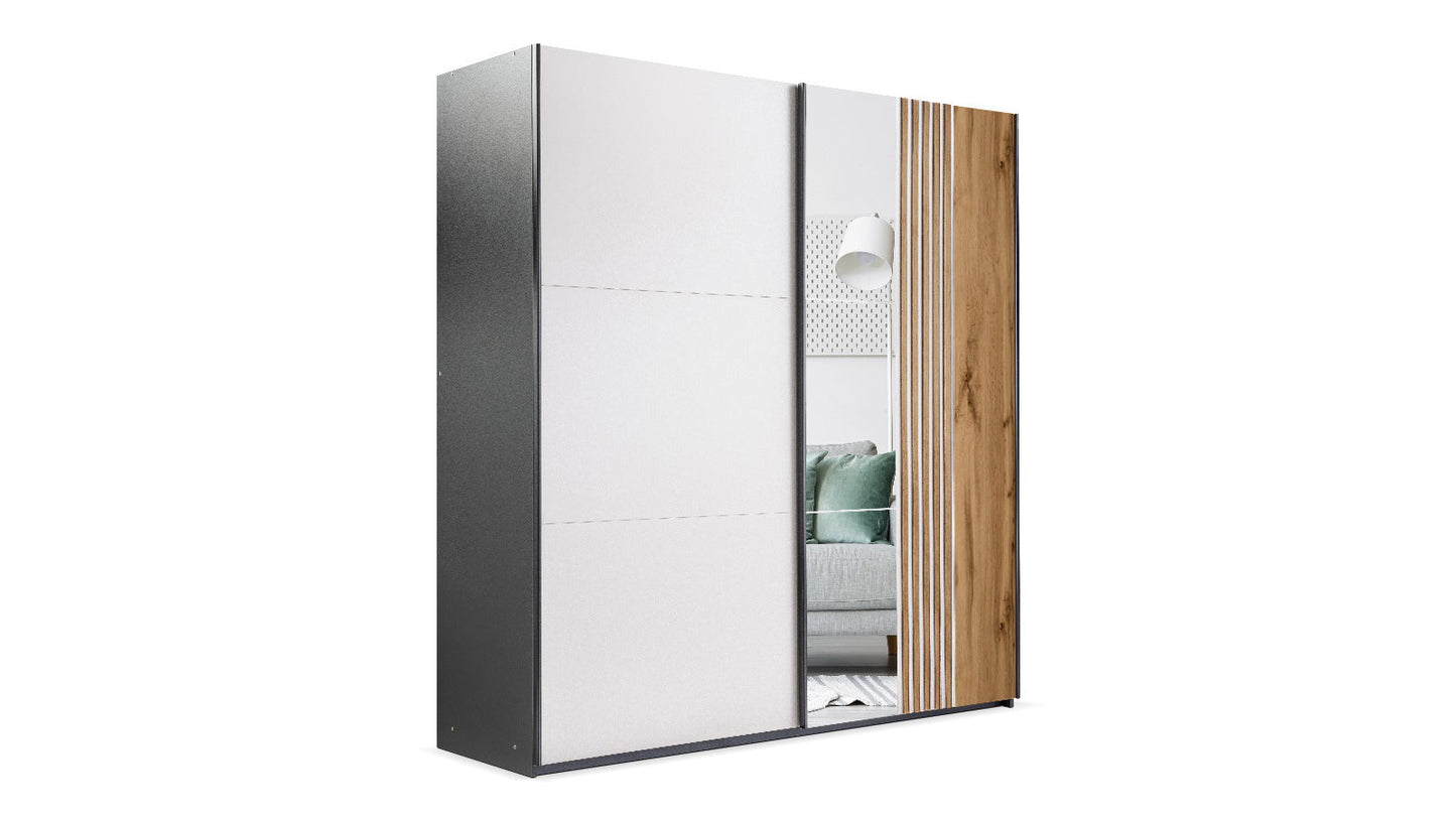 Black/Cashmere/Oak Wotan Mirrored Sliding Door Wardrobe 200cm – KINGSLEY