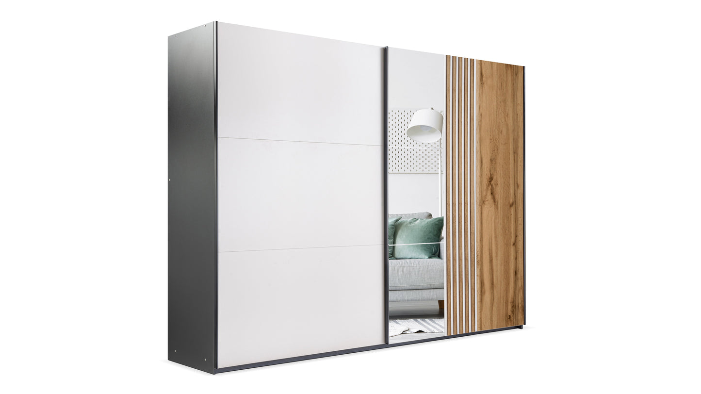 Black/Cashmere/Oak Wotan Mirrored Sliding Door Wardrobe 250cm – KINGSLEY