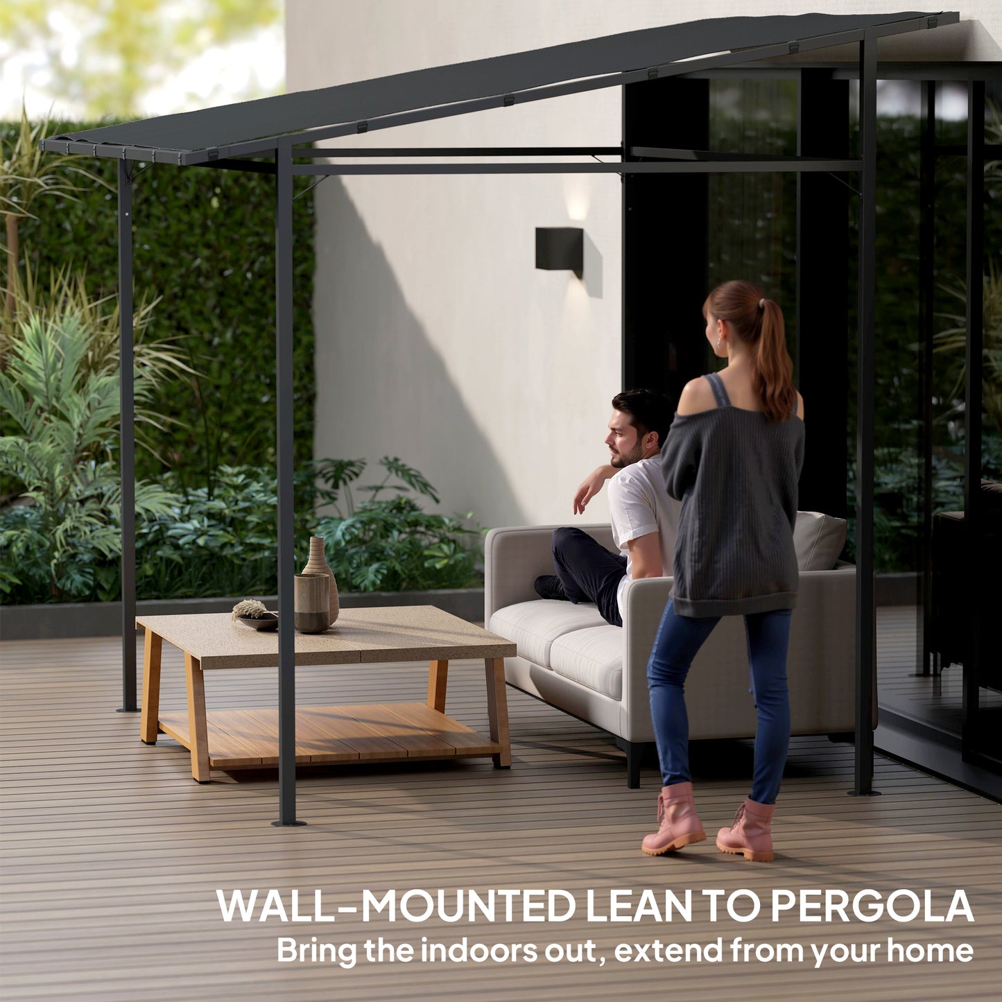 Outsunny 2,4 x 2,4 m Pergola ścienna z powłoką PA i metalową ramą, UPF30+, altana ogrodowa, wiatroodporna zewnętrzna osłona przeciwsłoneczna do ogrodu, tarasu, ciemnoszara