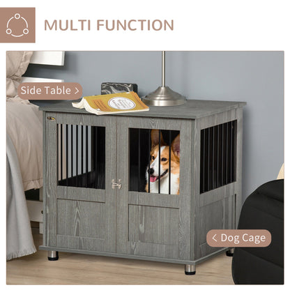 PawHut Dog Crate Furniture, Wooden End Table Furniture with Cushion & Lockable Magnetic Doors, Small Size Pet Kennel Indoor Animal Cage, Grey