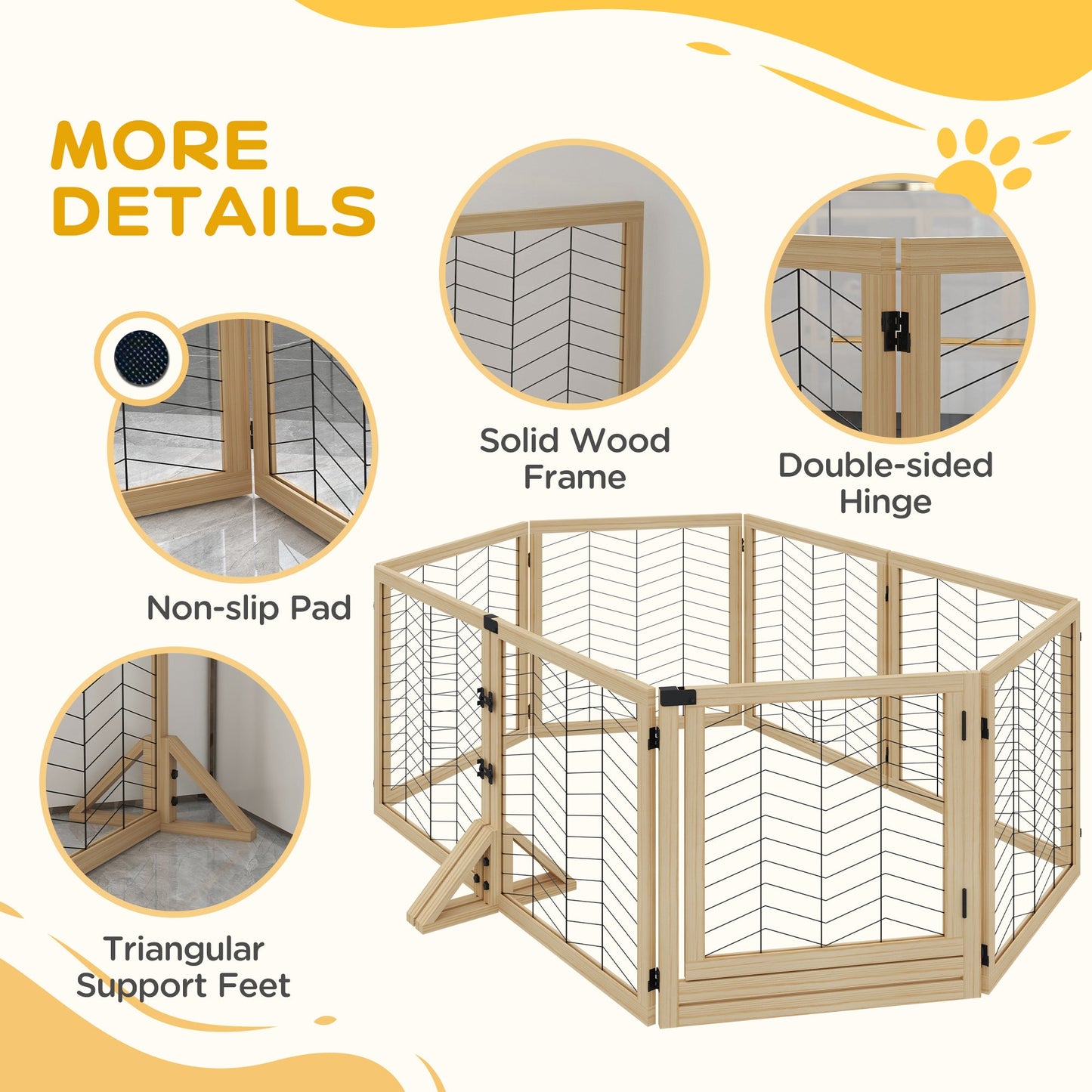 PawHut 8 Panels Foldable Pet Gate with Support Feet, for House, Doorway, Stairs, Small and Medium Dogs - Natural Wood