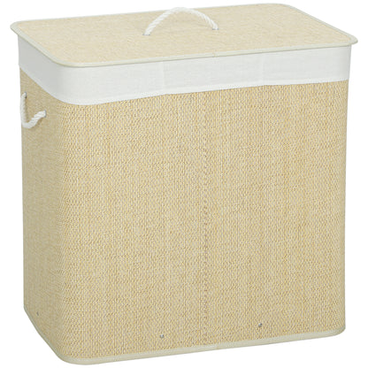 HOMCOM 3 Section Laundry Basket with Lid, 144L Bamboo Laundry Hamper with Handles, Removable and Washable Liner, Cream White