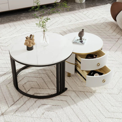 2-in-1 Round Marble Coffee Table Set with Glossy Tops, 2 Drawers, 70x70x46 + 50x50x40 cm, White