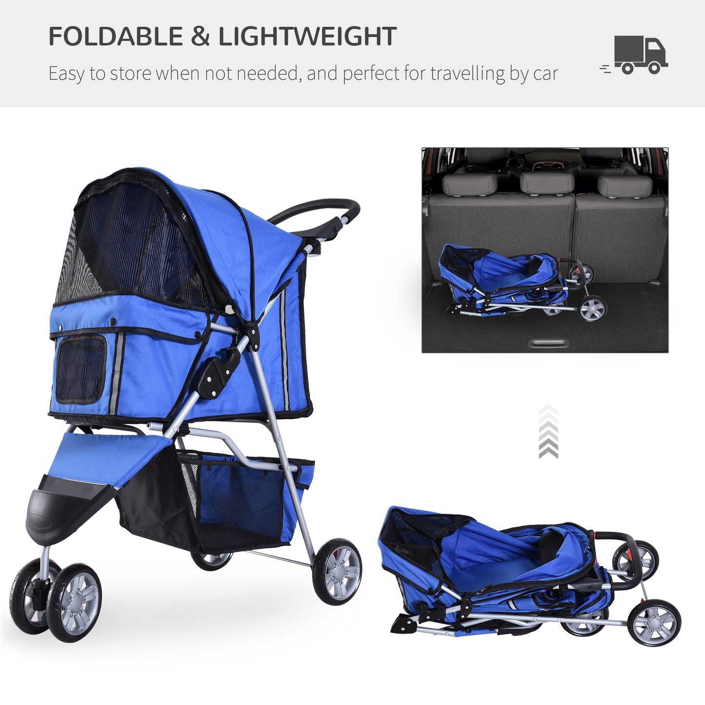 PawHut Dog Pram Pet Travel Stroller Dog Pushchair مع ثلاث عجلات - أزرق