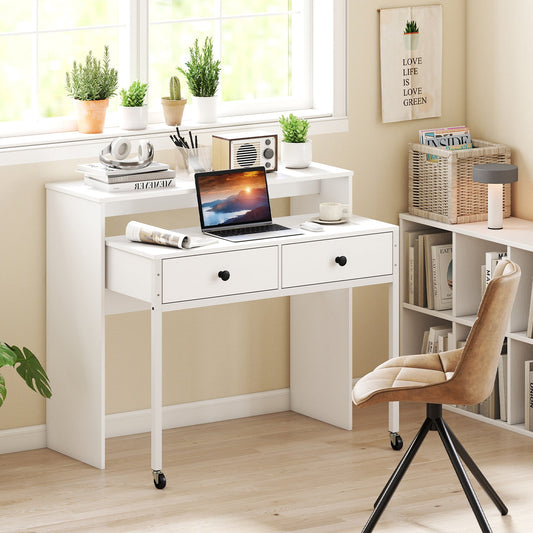 Extendable Computer Desk with 2 Storage Drawers Convertible Home Office Desk -White