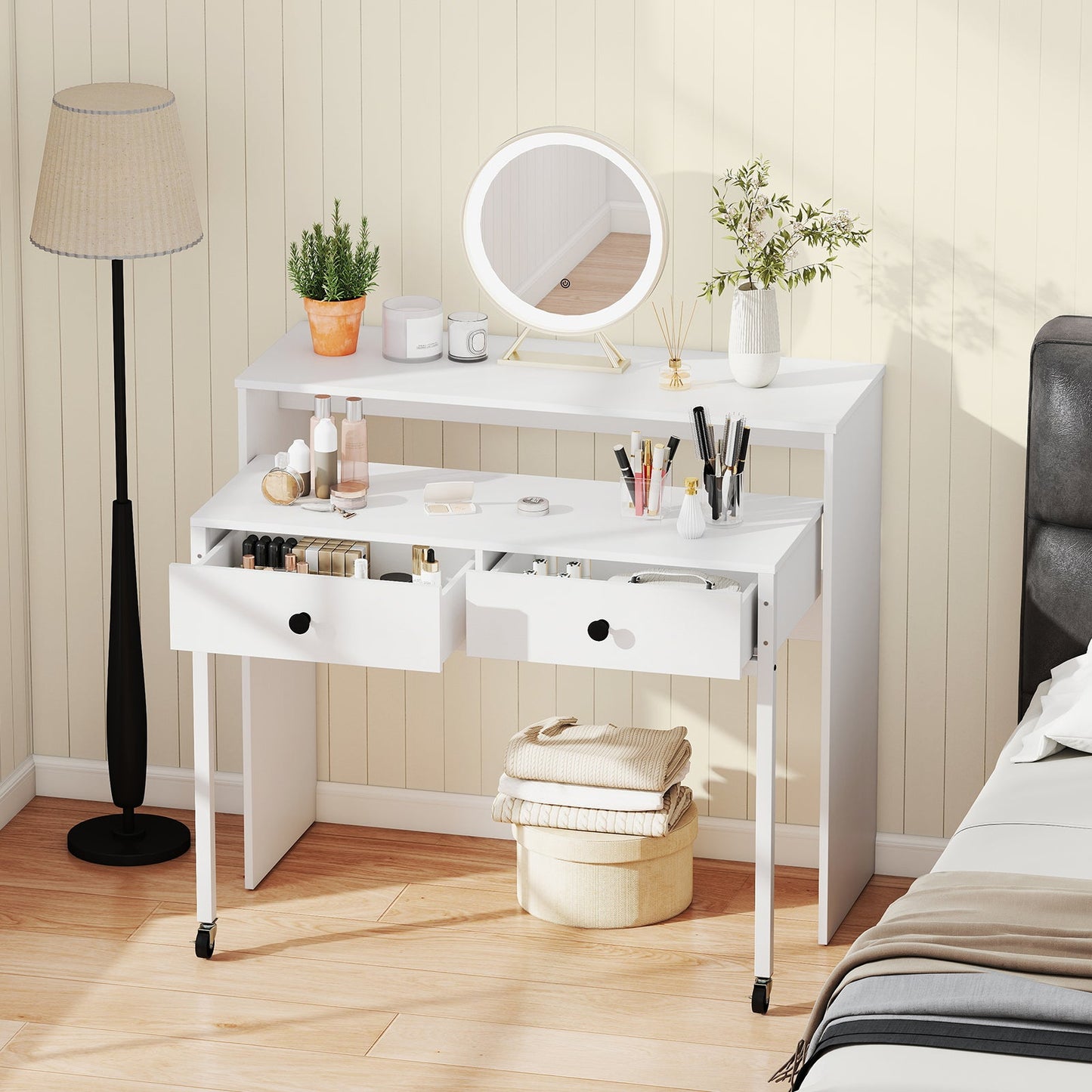 Extendable Computer Desk with 2 Storage Drawers Convertible Home Office Desk -White
