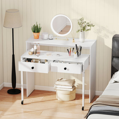 Extendable Computer Desk with 2 Storage Drawers Convertible Home Office Desk -White