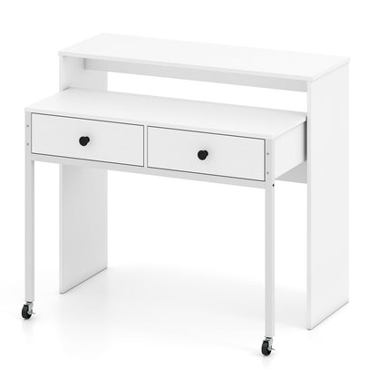 Extendable Computer Desk with 2 Storage Drawers Convertible Home Office Desk -White