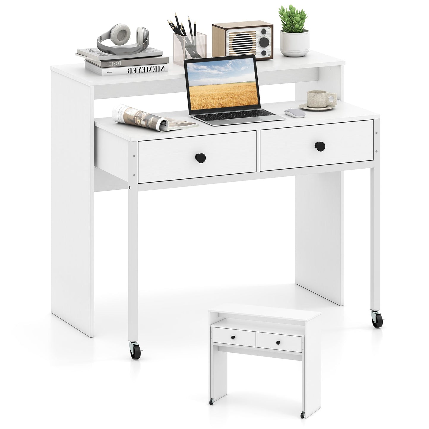 Extendable Computer Desk with 2 Storage Drawers Convertible Home Office Desk -White