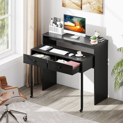 Extendable Computer Desk with 2 Storage Drawers Convertible Home Office Desk -Black