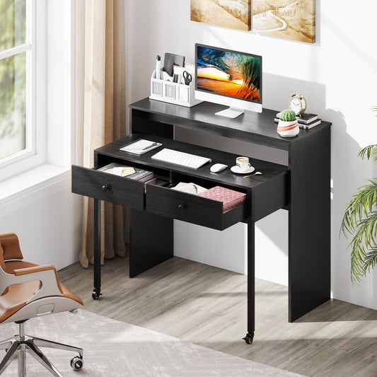 Extendable Computer Desk with 2 Storage Drawers Convertible Home Office Desk -Black