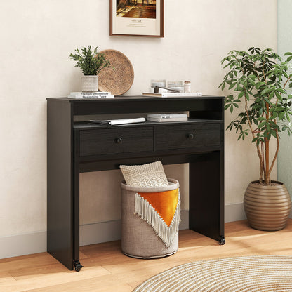 Extendable Computer Desk with 2 Storage Drawers Convertible Home Office Desk -Black