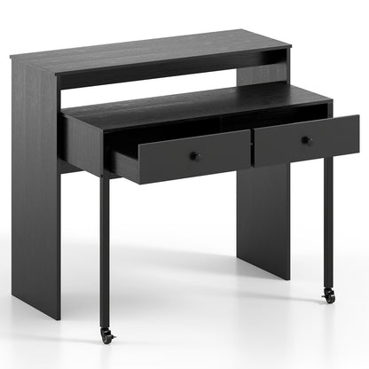 Extendable Computer Desk with 2 Storage Drawers Convertible Home Office Desk -Black