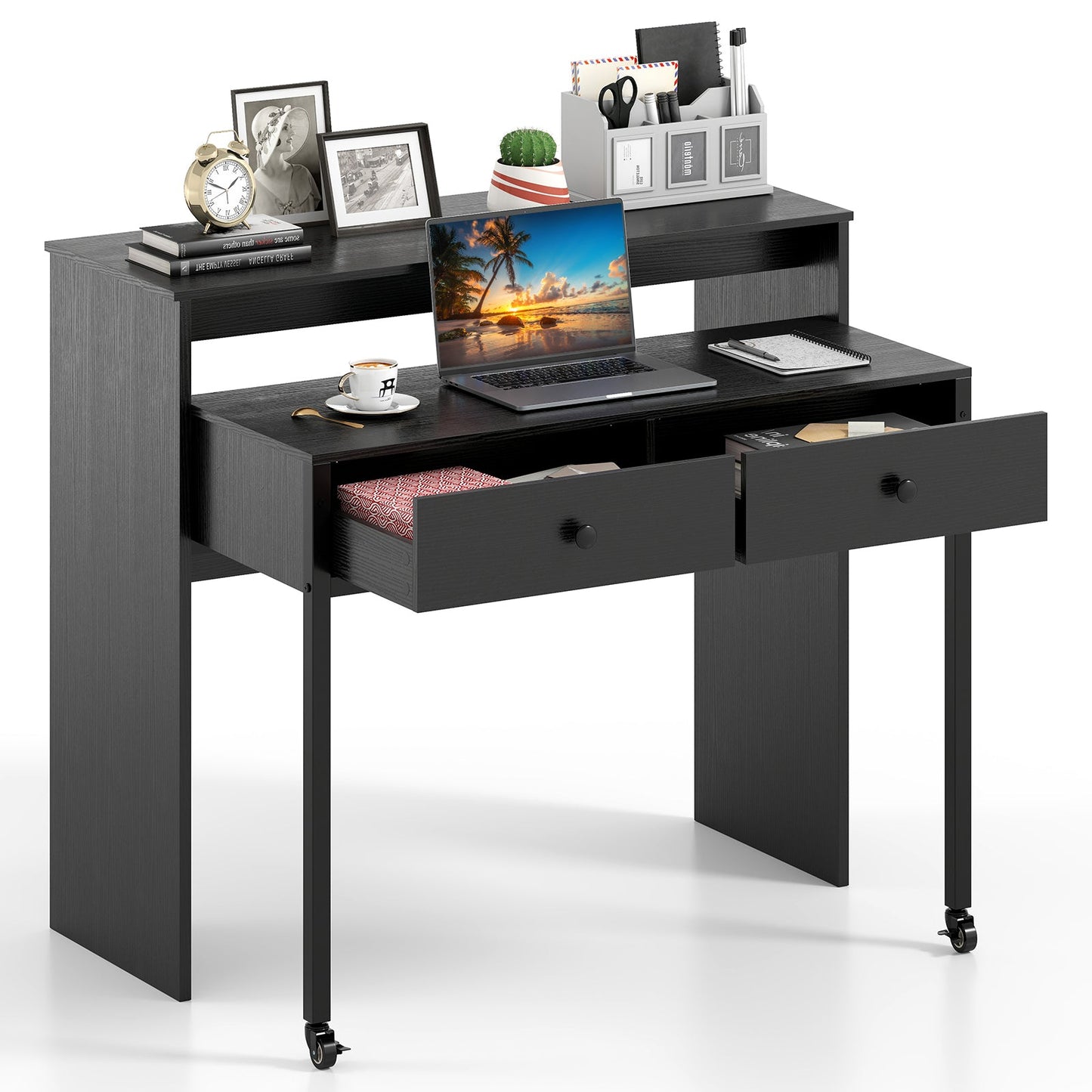 Extendable Computer Desk with 2 Storage Drawers Convertible Home Office Desk -Black