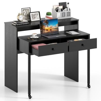 Extendable Computer Desk with 2 Storage Drawers Convertible Home Office Desk -Black